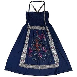 Christina Love size medium strapless, neck tie, blue floral mini dress, EUC